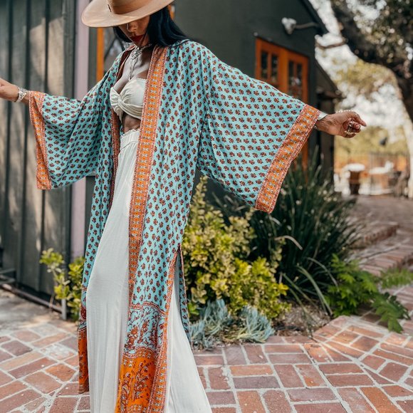 Boho Paisley Bohemian Romantic Turquoise Kimono - Picture 9 of 10